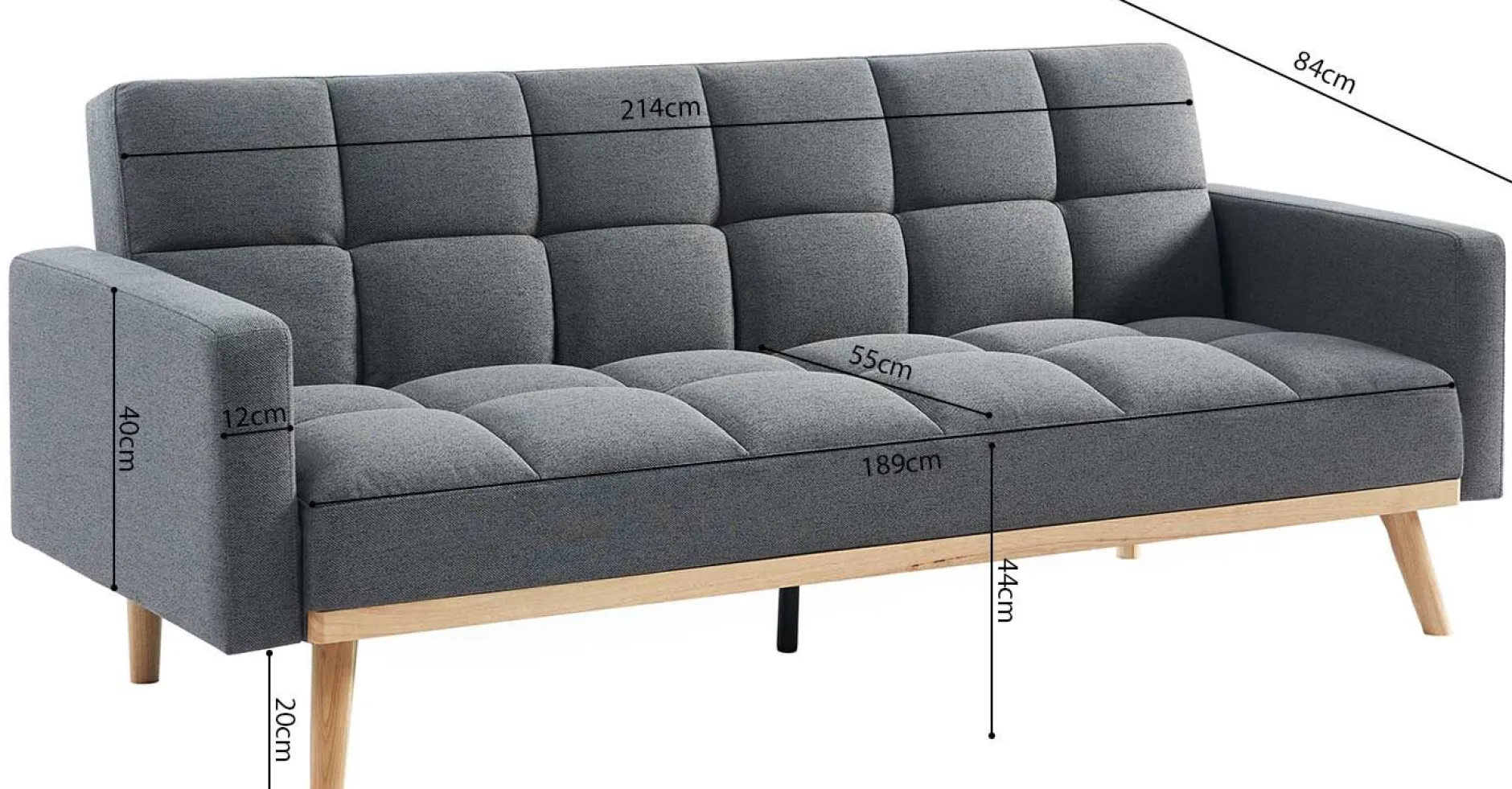 Adana Graues Schlafsofa | Eukalyptusgestell | Kaltschaummatratze | 84x214x84cm