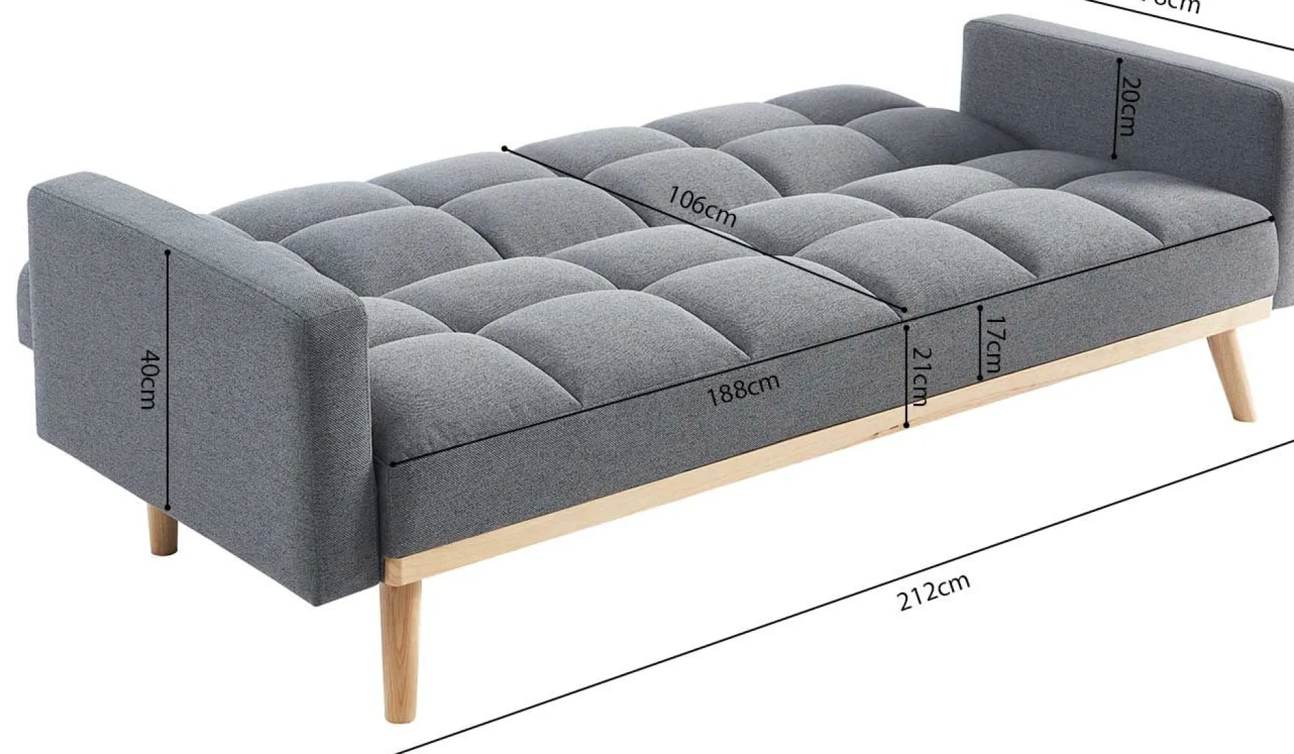 Adana Graues Schlafsofa | Eukalyptusgestell | Kaltschaummatratze | 84x214x84cm