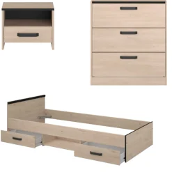 AlmaKinderzimmer : Bett 90x200cm, Nachttisch, Kommode - Eiche Dekor