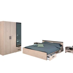 AlmaSchlafzimmer : Bett 140x190cm, Nachttisch, Kleiderschrank - Eichendekor