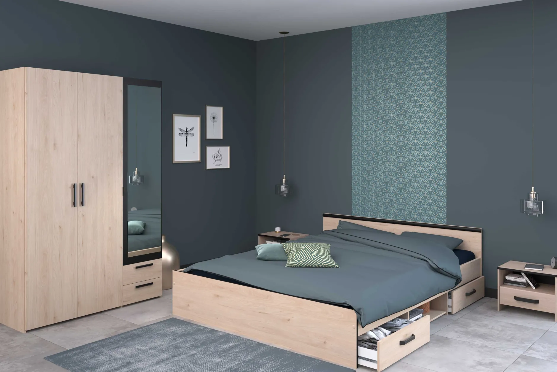 AlmaSchlafzimmer : Bett 140x190cm, Nachttisch, Kleiderschrank - Eichendekor