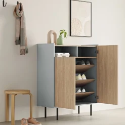 Anjes Schuhschrank 2 Flügeltüren, 1 offenes Fach und 4 Einlegeböden - Eiche hell/celadongrau