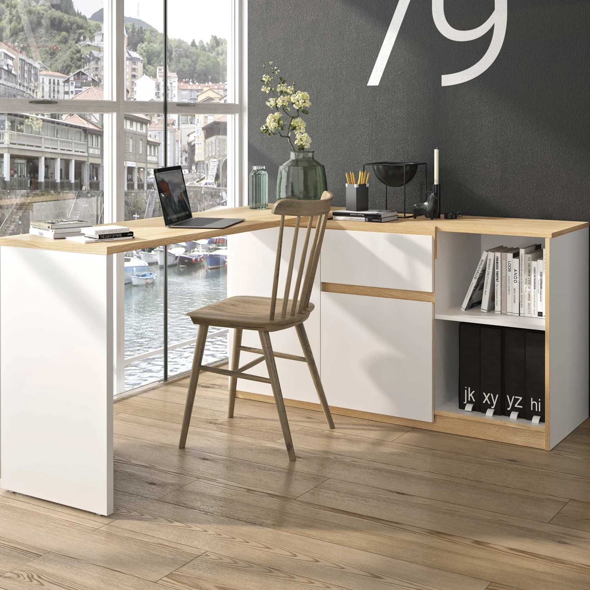 Ausziehbarer Eckschreibtisch Gibral 155x136cm - weiß/Eiche Dekor