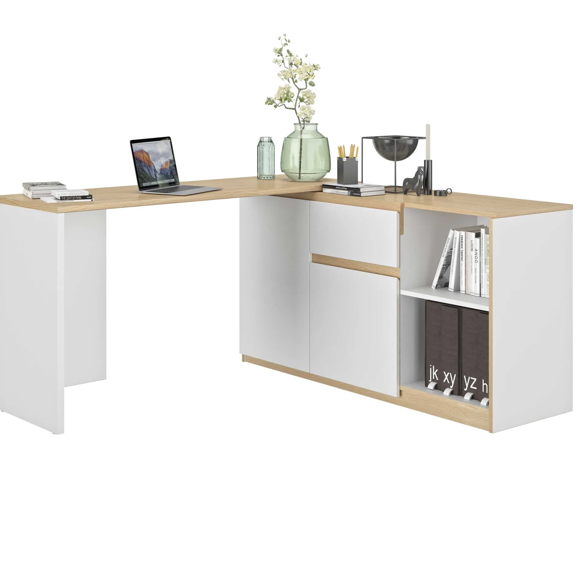 Ausziehbarer Eckschreibtisch Gibral 155x136cm - weiß/Eiche Dekor