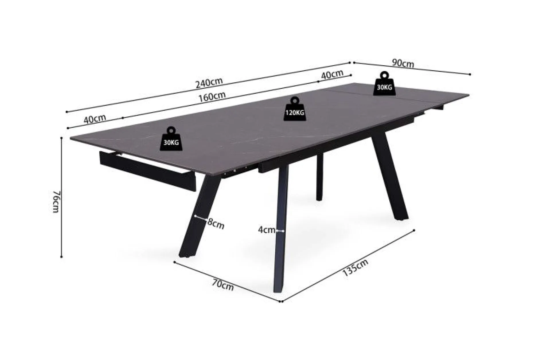Ausziehbarer Esstisch Hertha | 160/240 x 90 x 76 cm | Schwarz/Stein