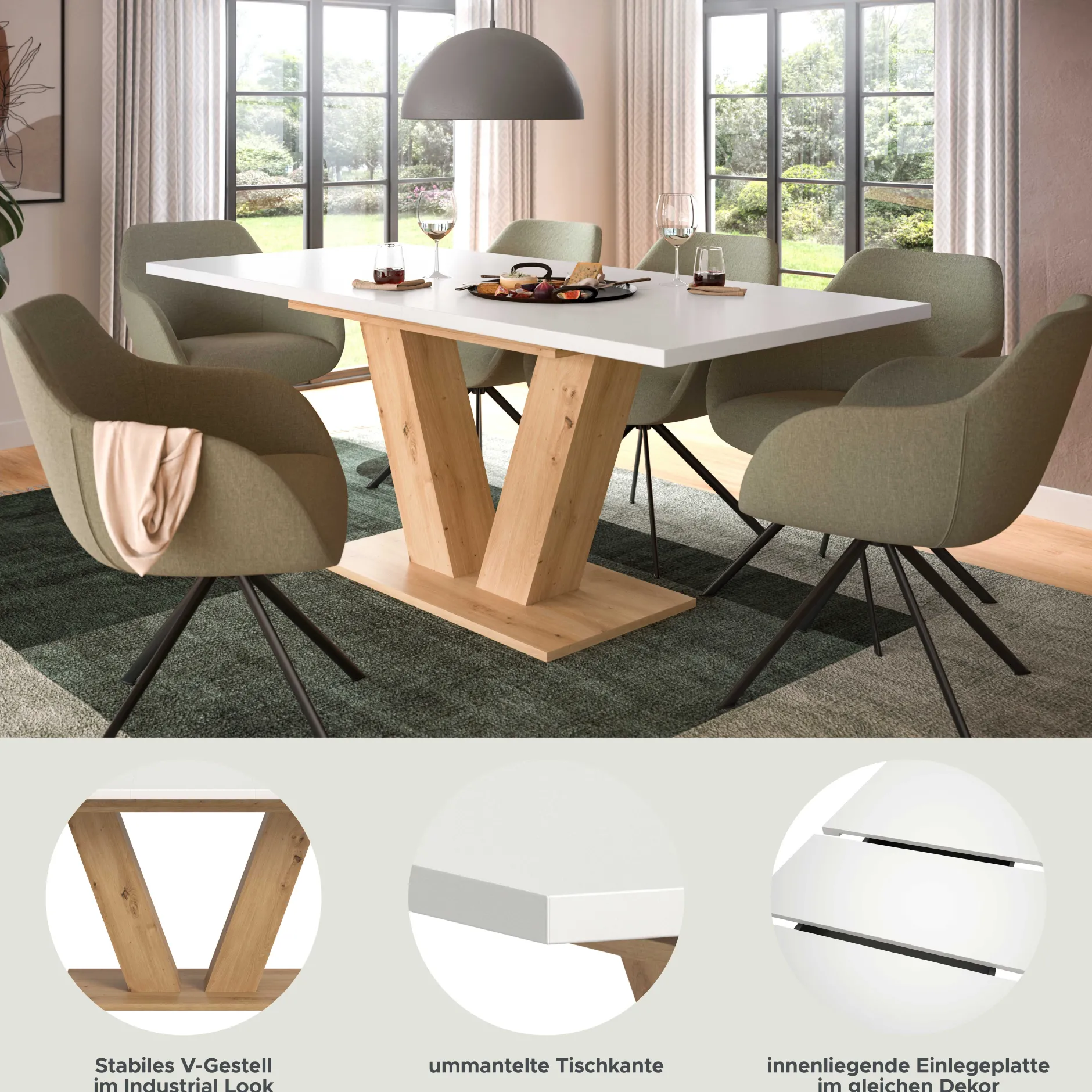 Ausziehbarer Esstisch Motion Emob - V-Base, Weiß/Natur, 150-190x76x90 cm