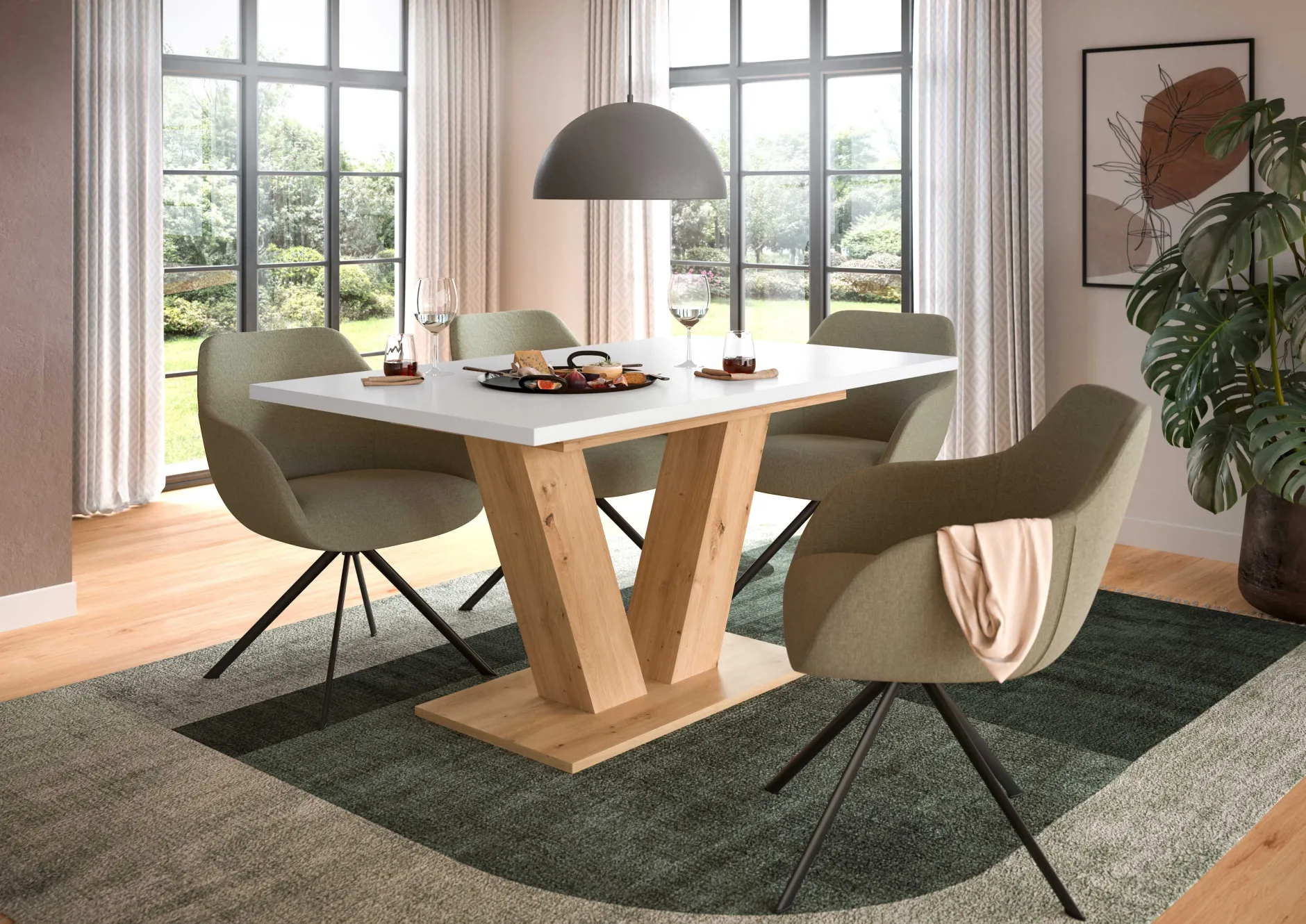 Ausziehbarer Esstisch Motion Emob - V-Base, Weiß/Natur, 150-190x76x90 cm