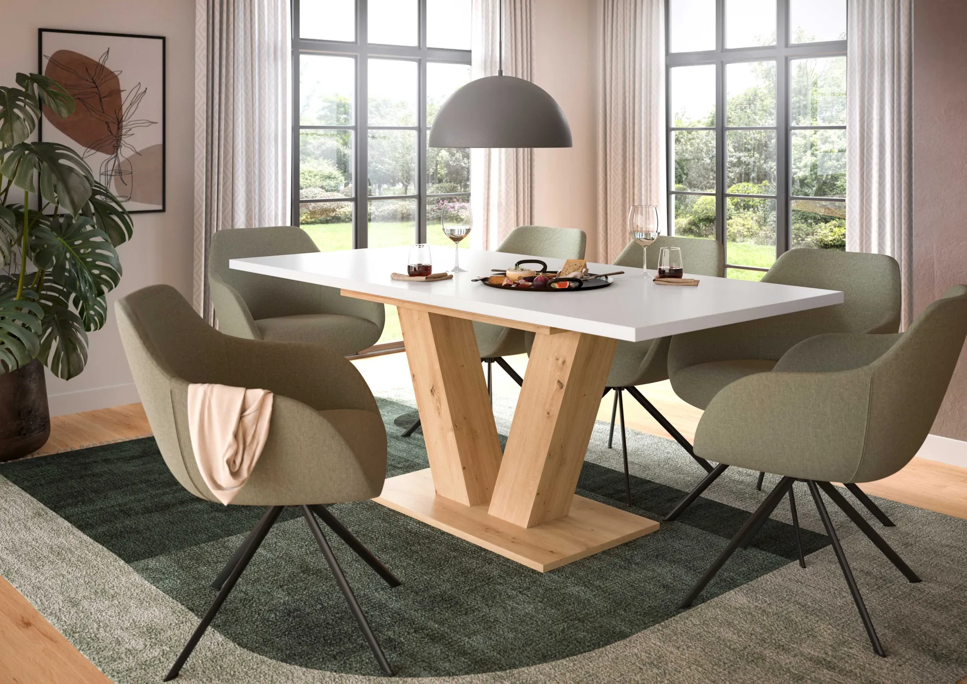 Ausziehbarer Esstisch Motion Emob - V-Base, Weiß/Natur, 150-190x76x90 cm