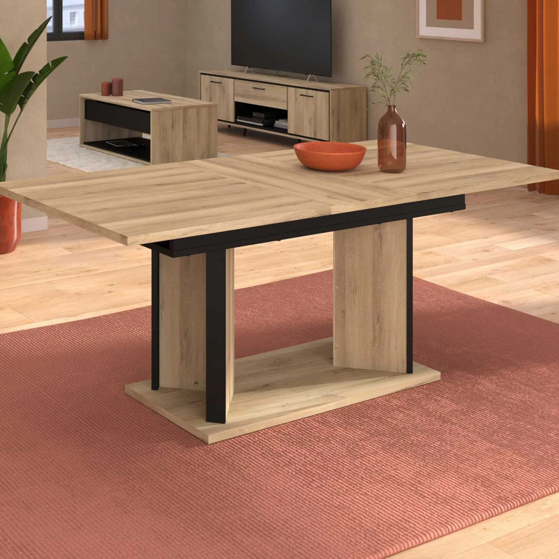 Ausziehbarer Esstisch Oskar - 160>200x90cm - Eiche Dekor/schwarz