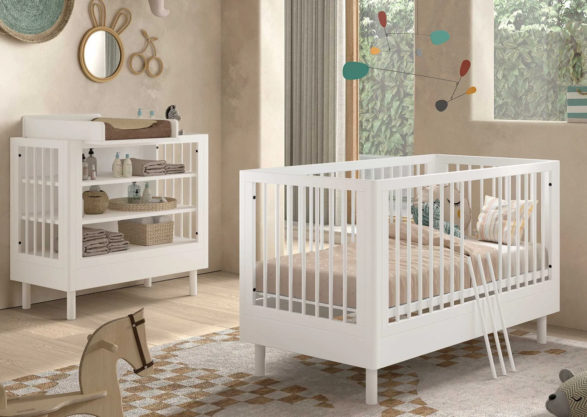 Babyzimmer Forrest: Babybett 70x140cm, Wickeltisch - Buche weiß