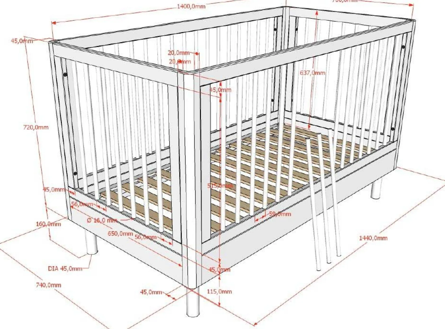 Babyzimmer Forrest: Babybett 70x140cm, Wickeltisch mit Wickelbrett, Kleiderschrank - Weißbuche