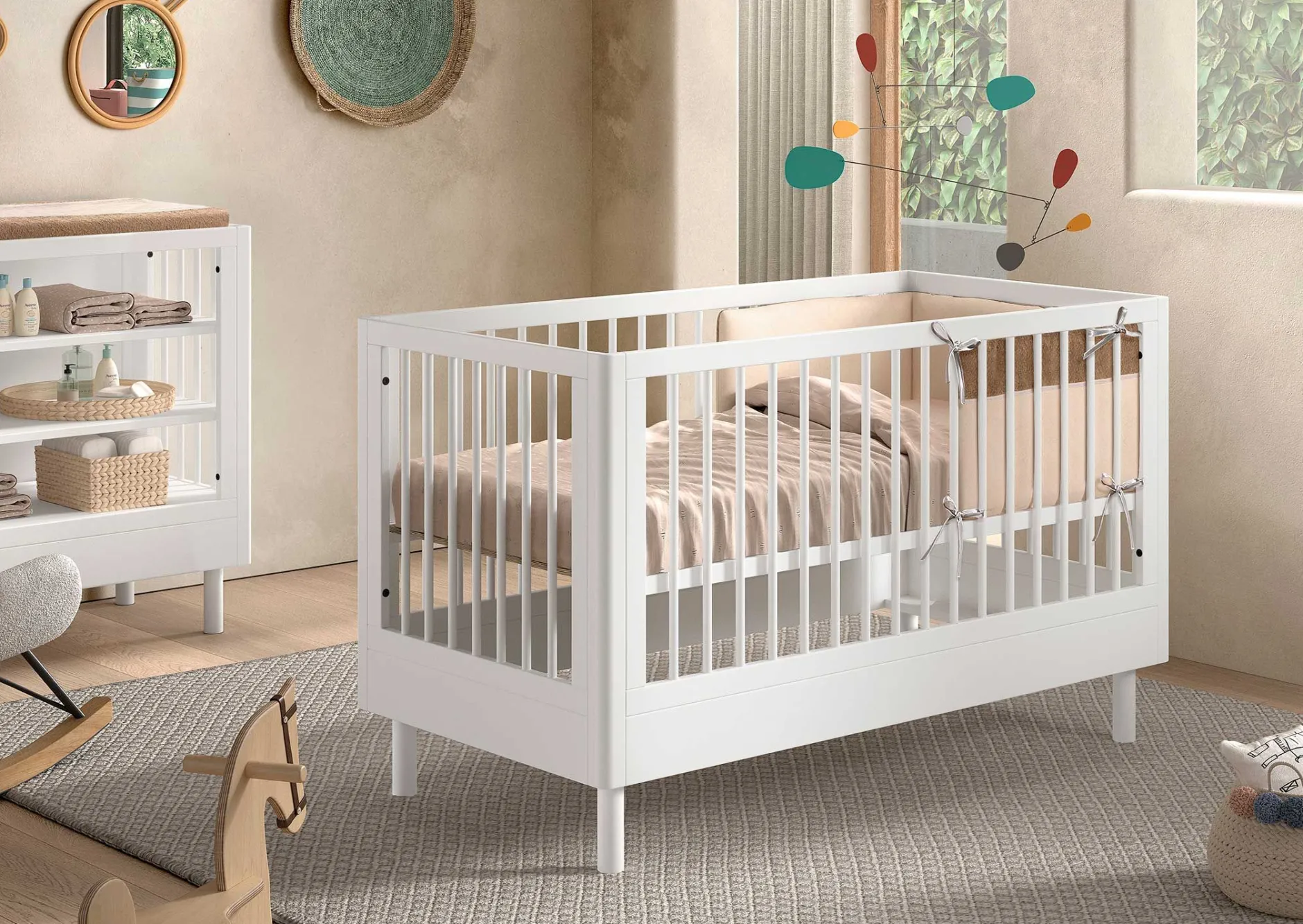Babyzimmer Forrest: Babybett 70x140cm, Kommode mit Windelregal, Kleiderschrank - Weißbuche