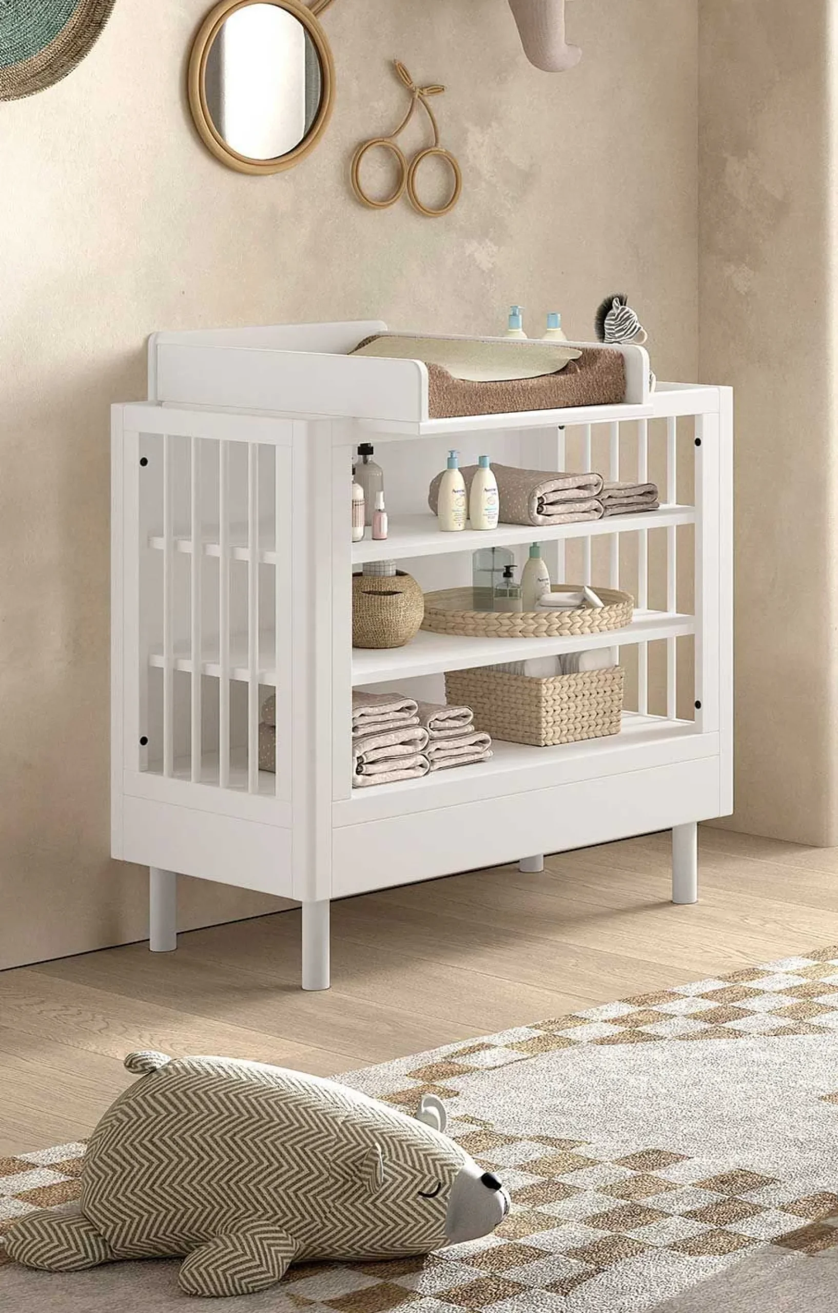 Babyzimmer Forrest: Babybett 70x140cm, Kommode mit Windelregal, Kleiderschrank - Weißbuche