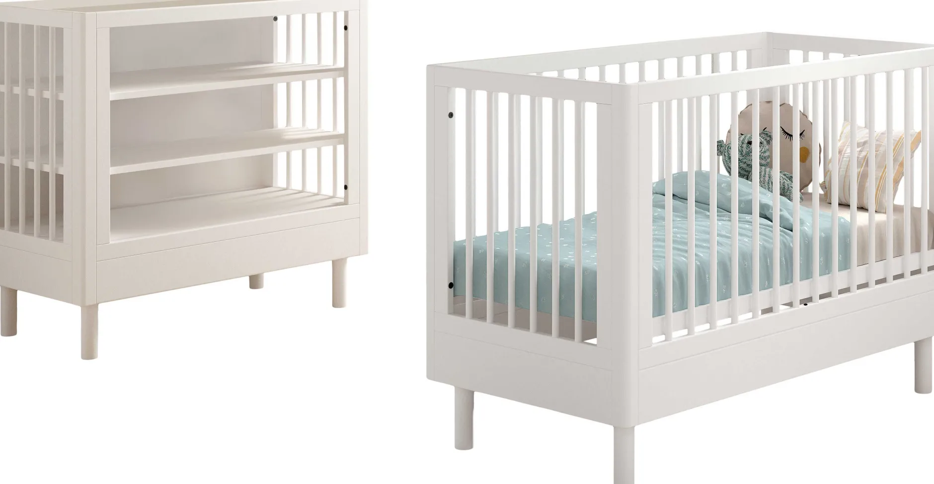 Babyzimmer Forrest: Babybett 60x120cm, Wickeltisch - Weißbuche
