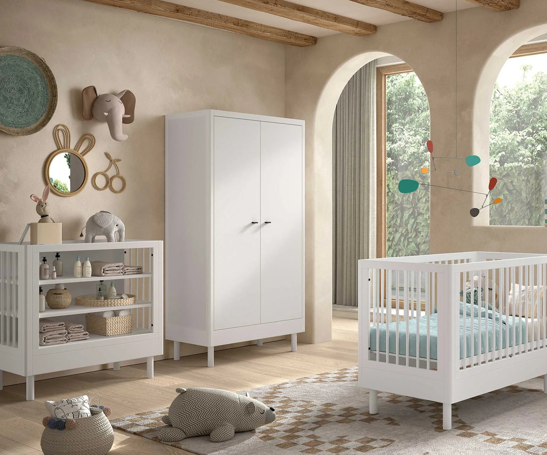 Babyzimmer Forrest: Babybett 60x120cm, Wickeltisch, Kleiderschrank - Weißbuche