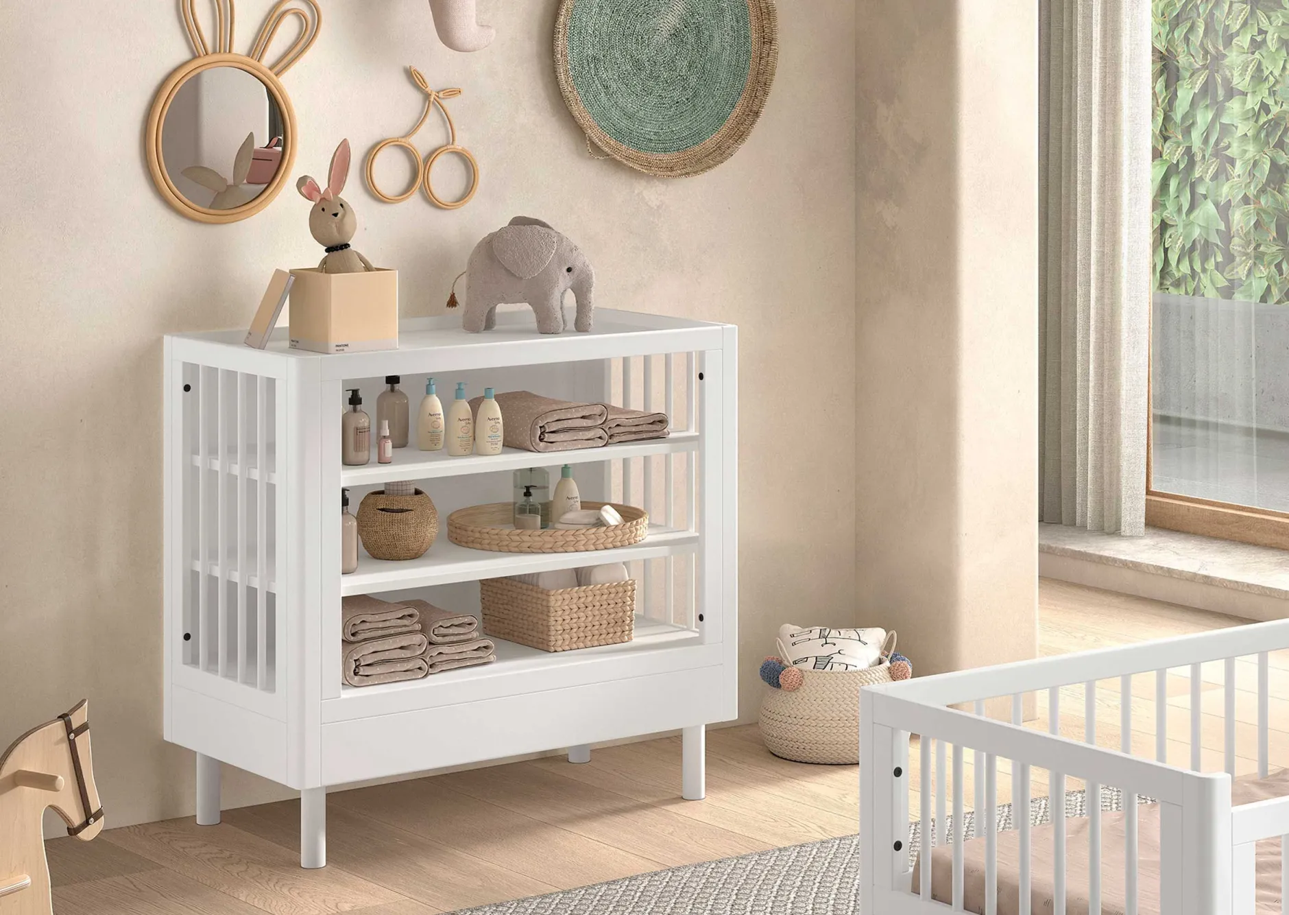 Babyzimmer Forrest: Babybett 60x120cm, Wickeltisch, Kleiderschrank - Weißbuche
