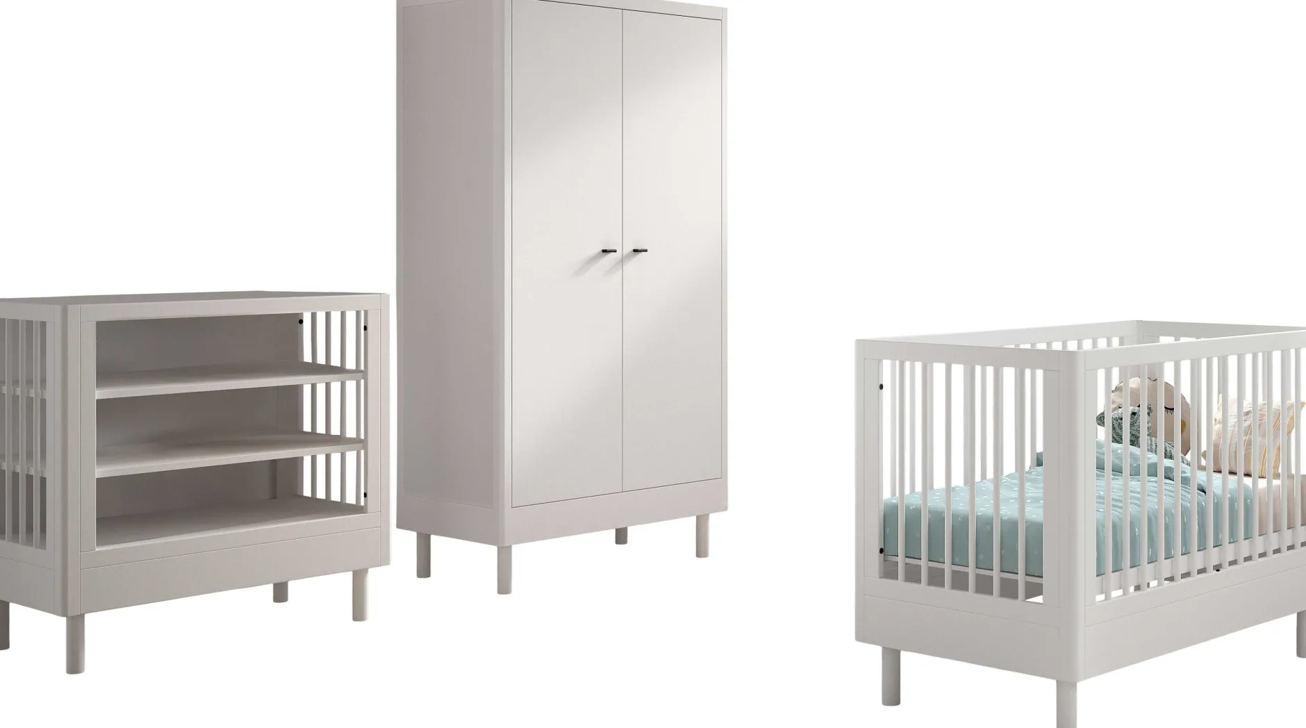 Babyzimmer Forrest: Babybett 60x120cm, Wickeltisch, Kleiderschrank - Weißbuche