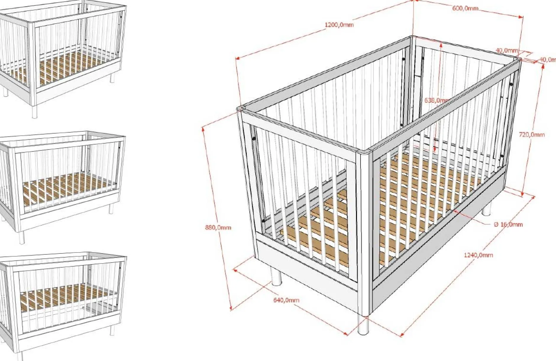 Babyzimmer Forrest: Babybett 60x120cm, Kommode, Kleiderschrank - Weißbuche