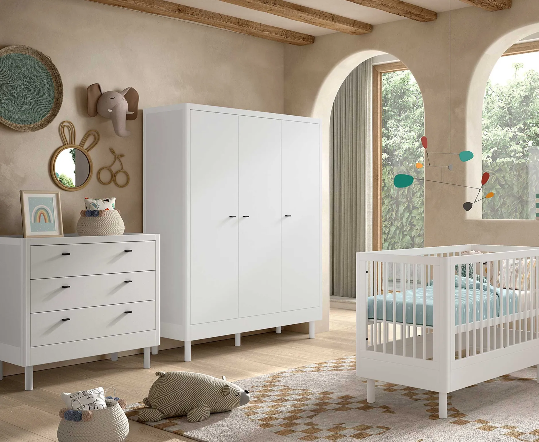 Babyzimmer Forrest: Babybett 60x120cm, Kommode, Kleiderschrank - Weißbuche