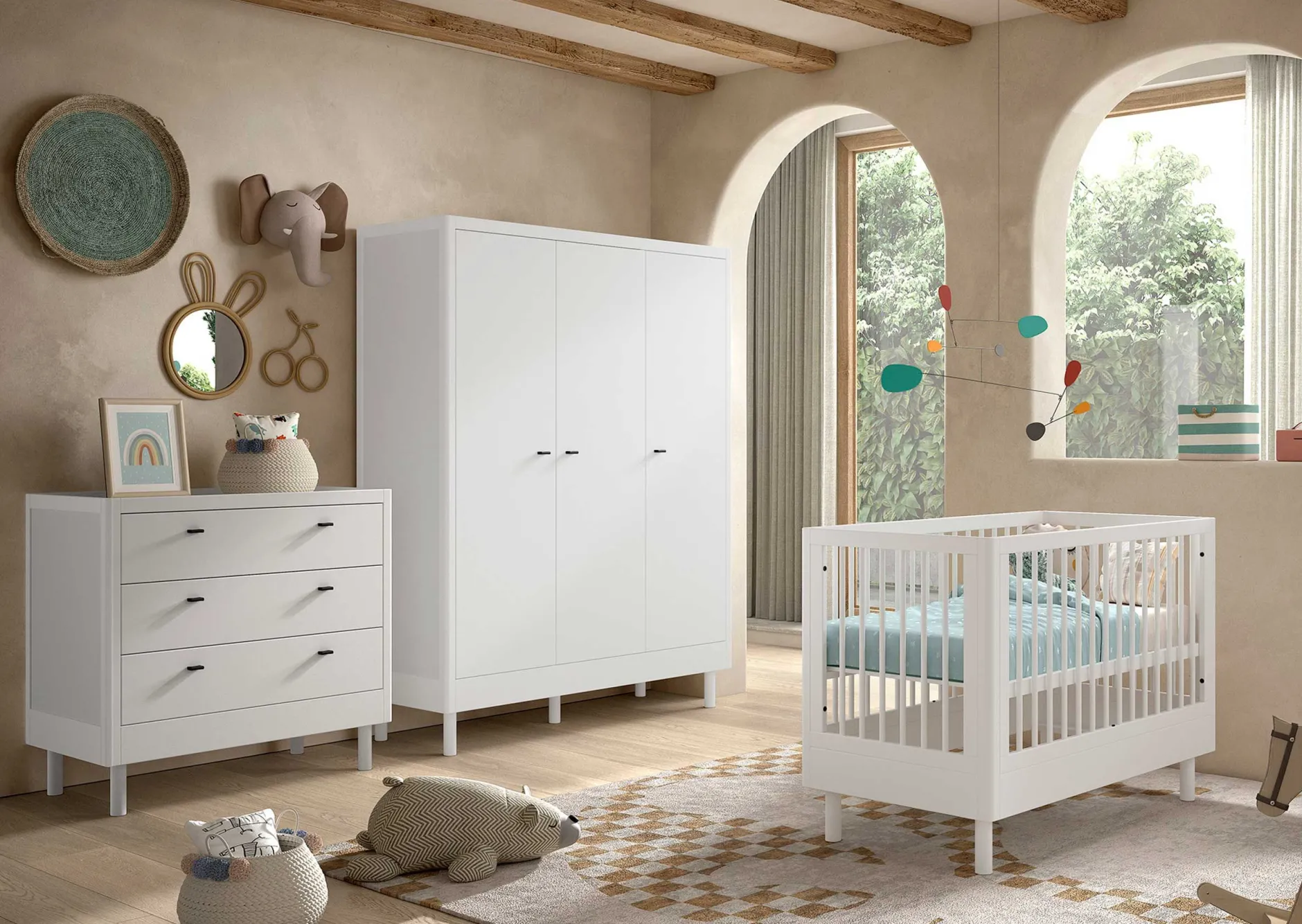 Babyzimmer Forrest: Babybett 60x120cm, Kommode, Kleiderschrank - Weißbuche