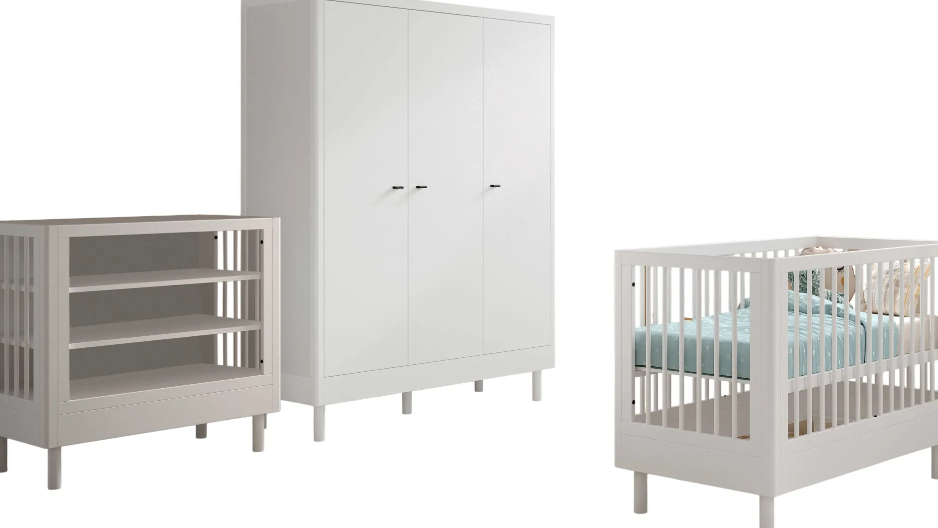 Babyzimmer Forrest: Babybett 60x120cm, Wickeltisch, Kleiderschrank - Weißbuche