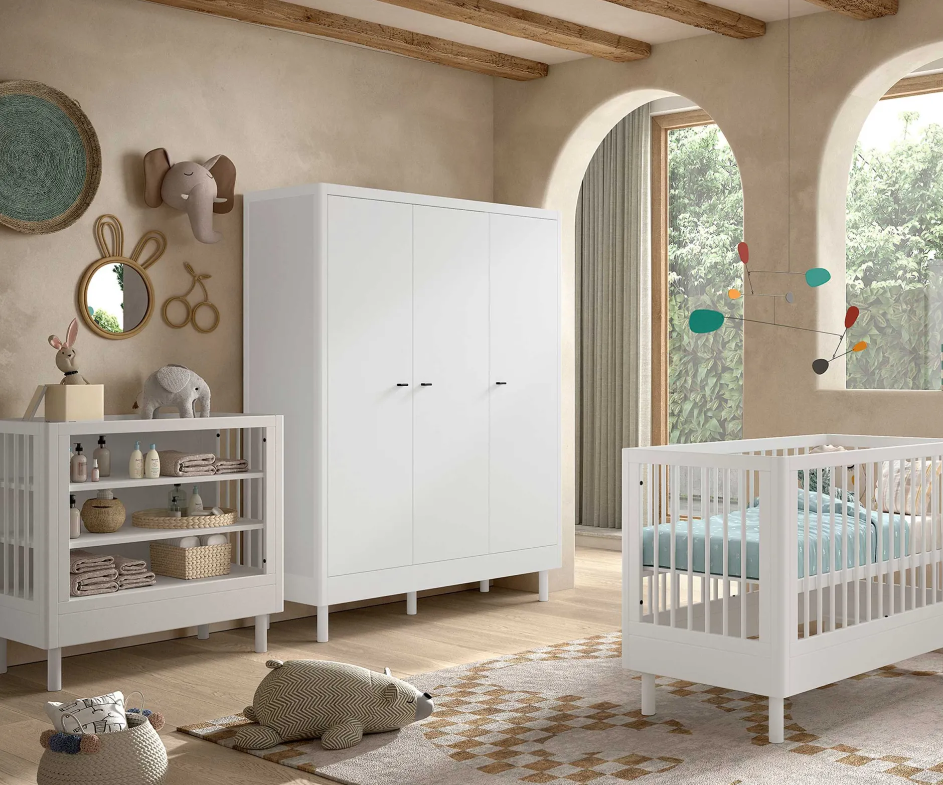 Babyzimmer Forrest: Babybett 60x120cm, Wickeltisch, Kleiderschrank - Weißbuche