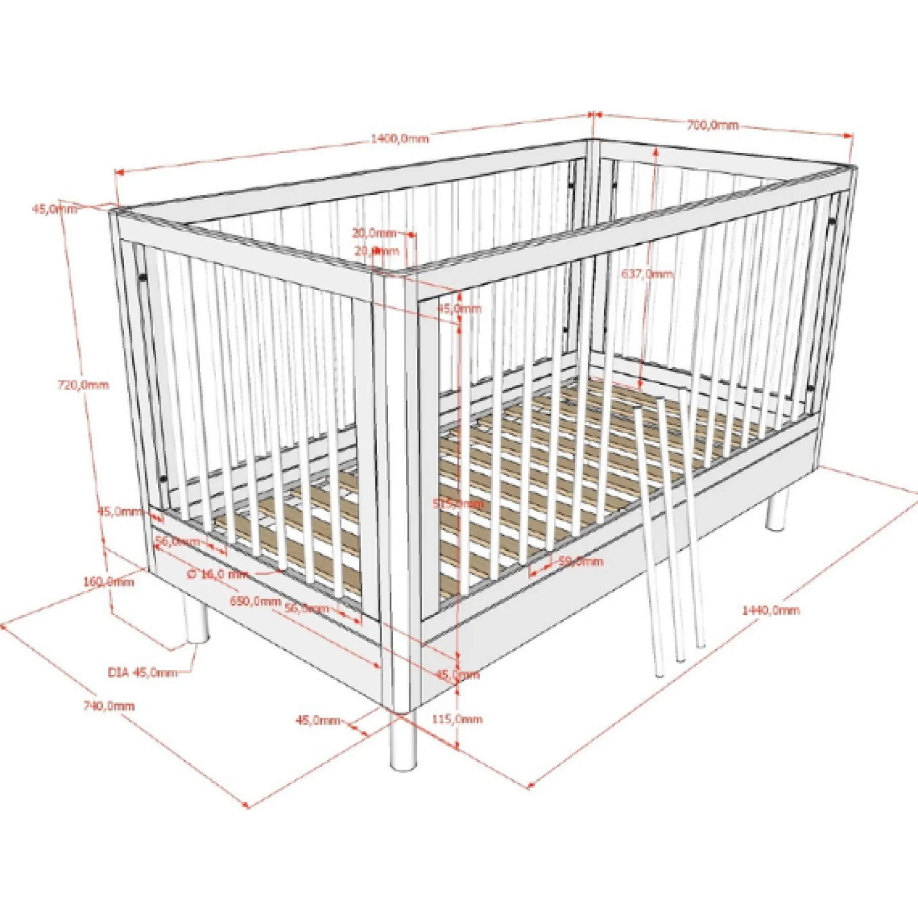 Babyzimmer Forrest: Babybett 70x140cm, Wickeltisch, Kleiderschrank - Weißbuche