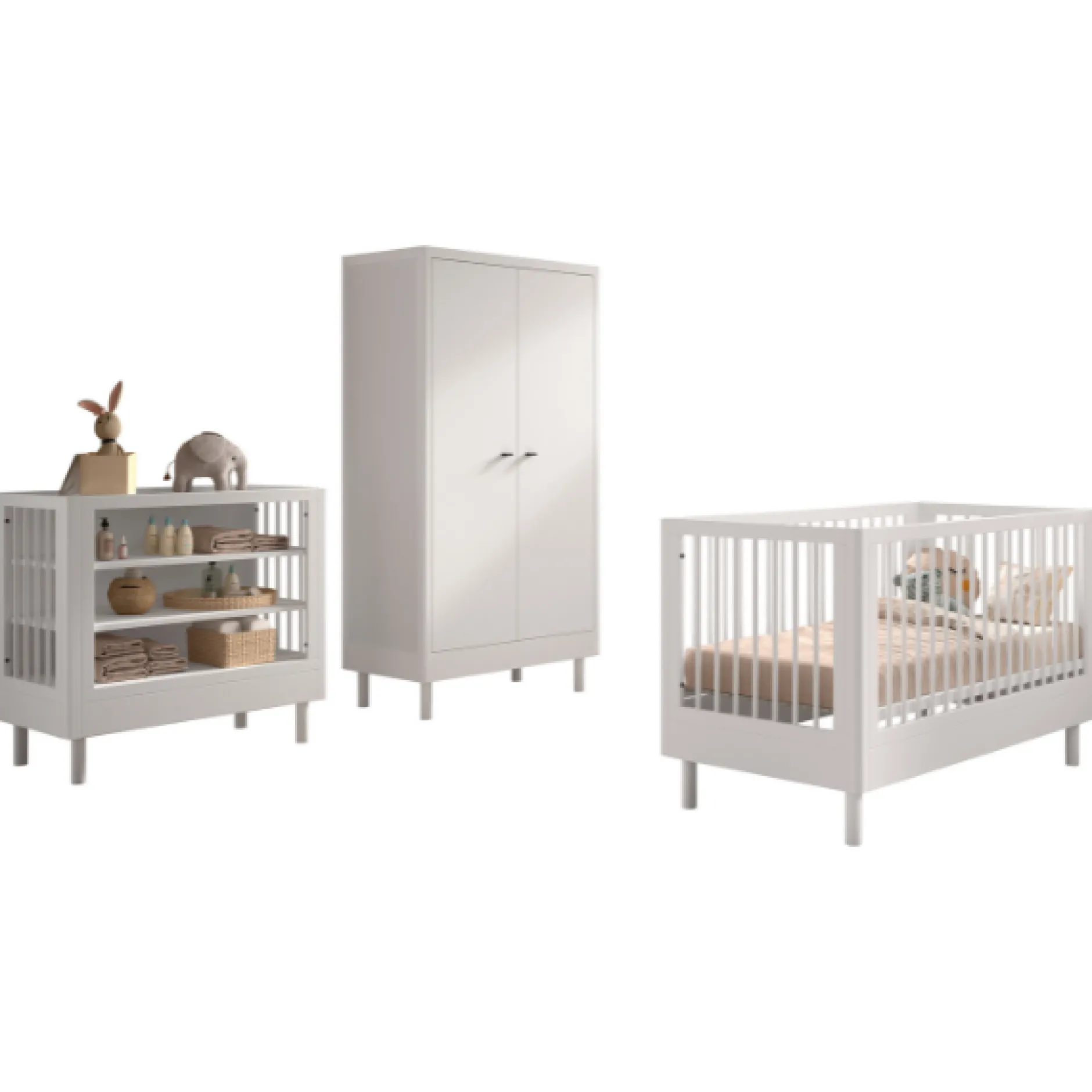 Babyzimmer Forrest: Babybett 70x140cm, Wickeltisch, Kleiderschrank - Weißbuche