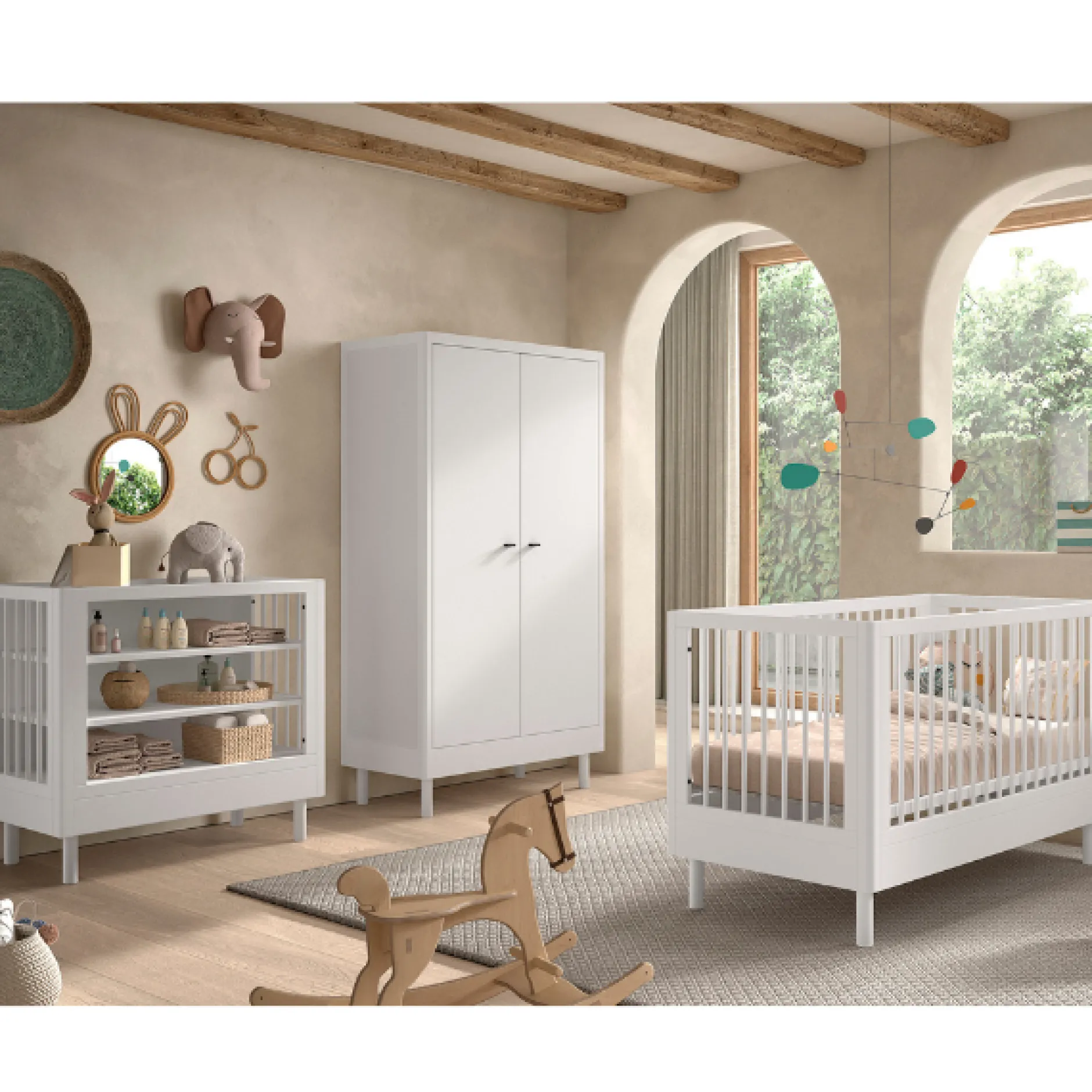 Babyzimmer Forrest: Babybett 70x140cm, Wickeltisch, Kleiderschrank - Weißbuche
