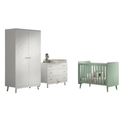 Babyzimmer-Set Billy - Zweitüriger Kleiderschrank, Kommode, Wickeltisch & Babybett - Grün/Weiß