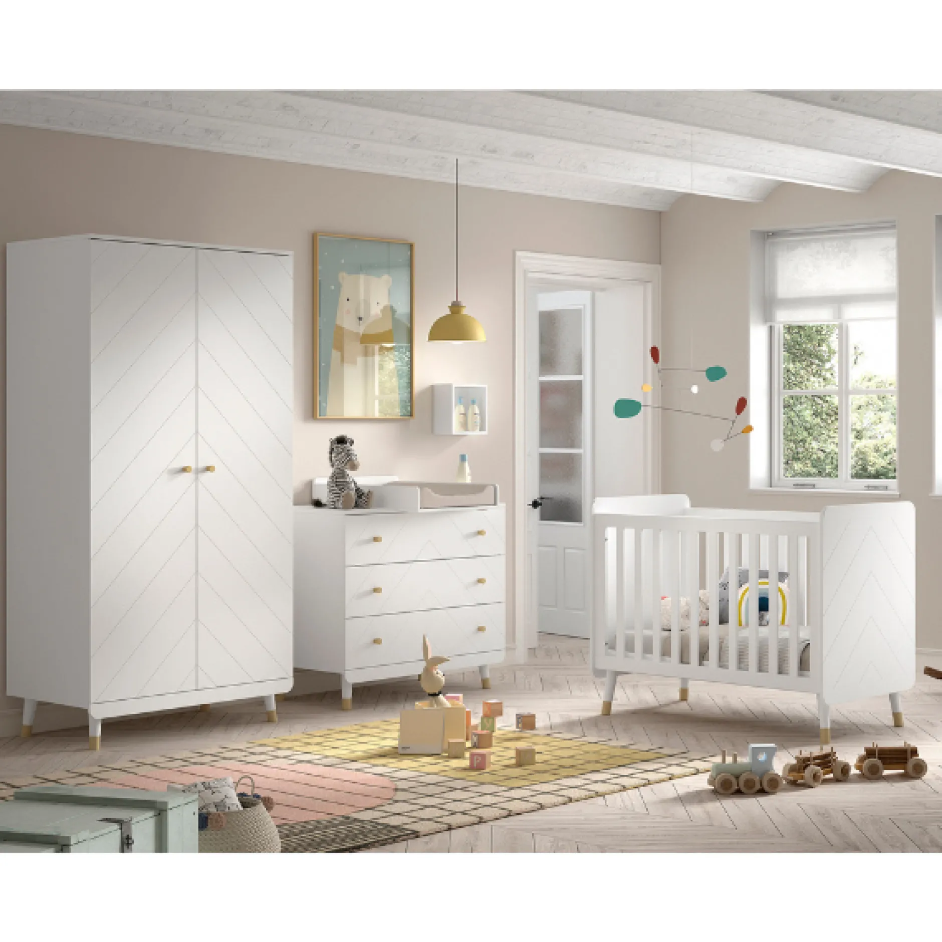 Babyzimmer-Set Billy - Zweitüriger Kleiderschrank, Kommode, Wickeltisch & Babybett - MDF/Weiß