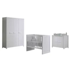 Babyzimmer-Set Erik - Dreitüriger Kleiderschrank, Kommode, Wickeltisch & Kinderbett - MDF/Weiß