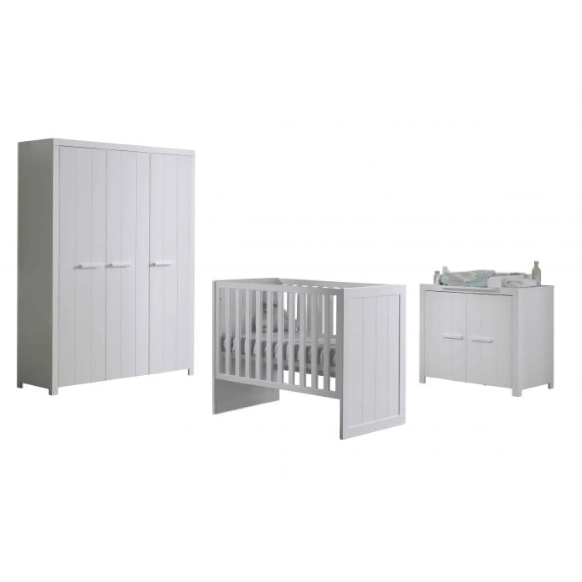 Babyzimmer-Set Erik - Dreitüriger Kleiderschrank, Kommode, Wickeltisch & Kinderbett - MDF/Weiß