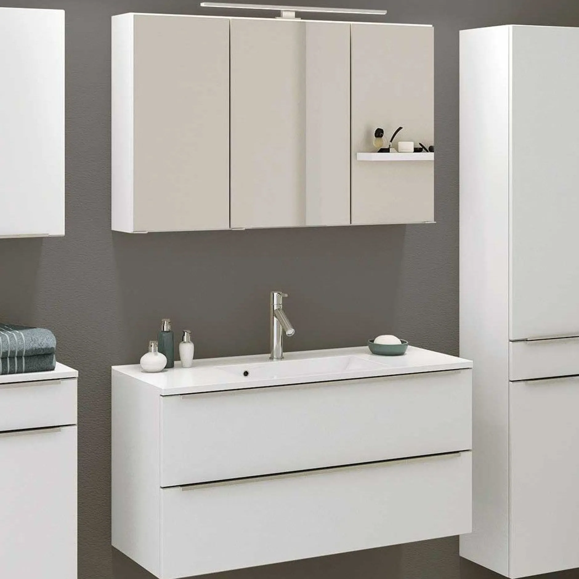 Badezimmerkombination Hansen 2 Waschbecken und Spiegelschrank 100cm - weiß