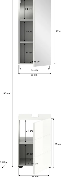 Badezimmerkombination Vira Xonox - Melamin Glashochglanz - 38x190x34 cm - Weiß