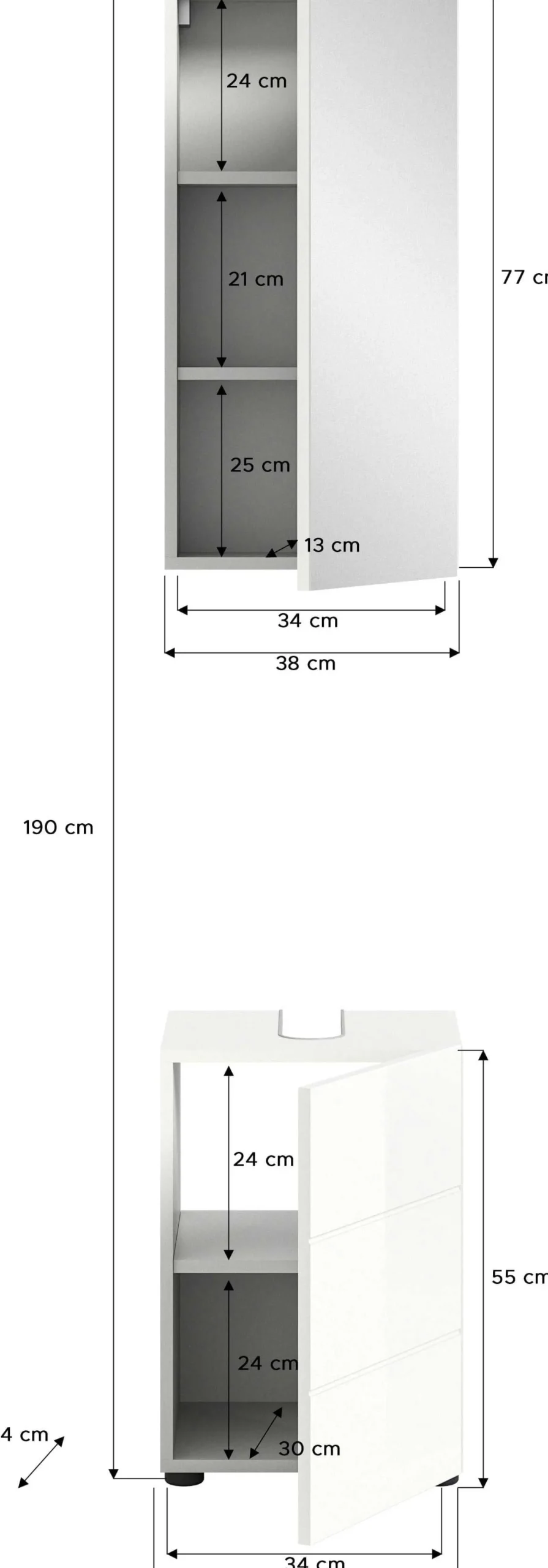 Badezimmerkombination Vira Xonox - Melamin Glashochglanz - 38x190x34 cm - Weiß