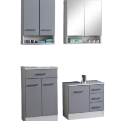 Badezimmer Ricca: Wandschrank, Badezimmerschrank, Spiegelschrank, Waschtischunterschrank - grau
