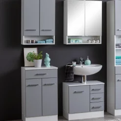 Badezimmer Ricca: Wandschrank, Badezimmerschrank, Spiegelschrank, Waschtischunterschrank - grau