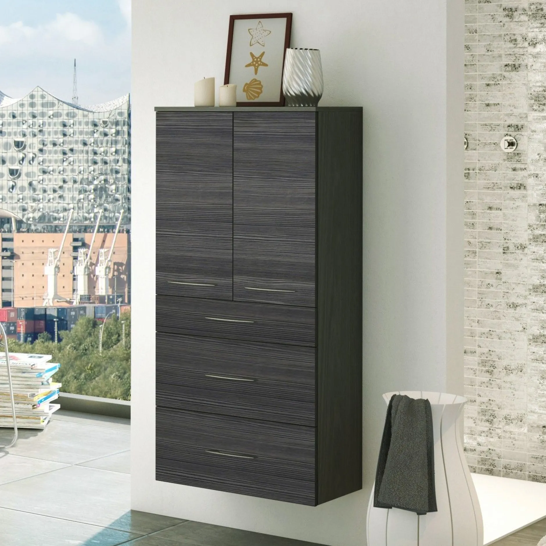 Badezimmerschrank Florent 60cm 2 Türen und 3 Schubladen - graphit/graue Eiche