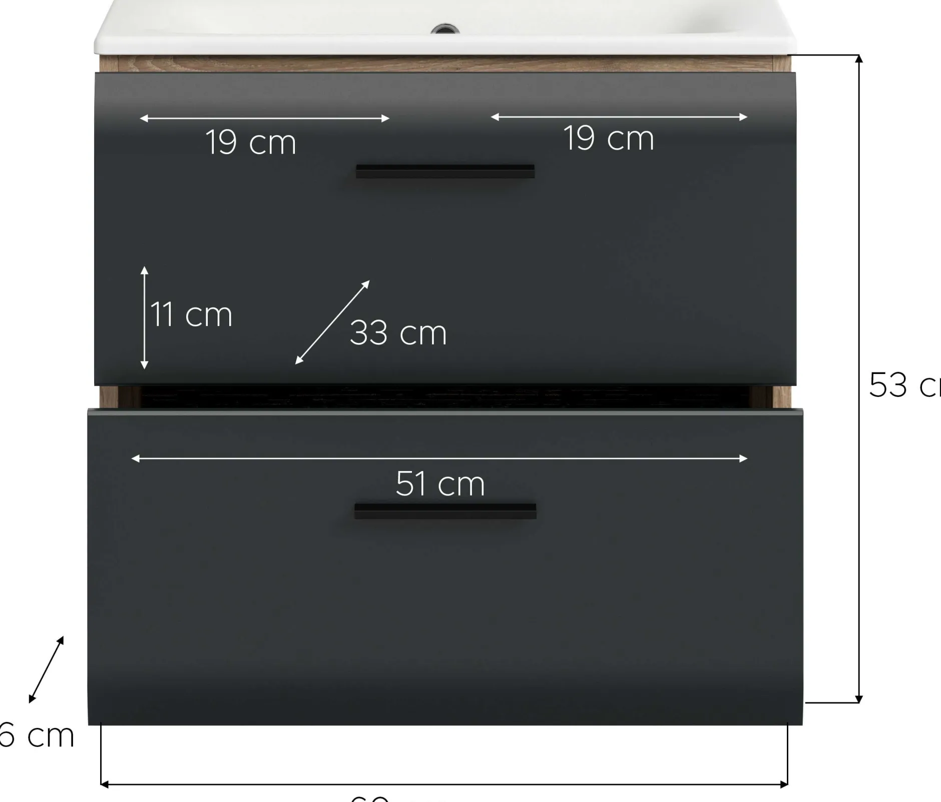 Badezimmerschrank Ice Xonox - mit Keramikwaschbecken - 60x55x46 cm - Mattschwarz & Nox Oak