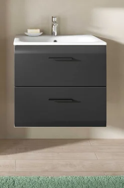 Badezimmerschrank Ice Xonox - mit Keramikwaschbecken - 60x55x46 cm - Mattschwarz & Nox Oak