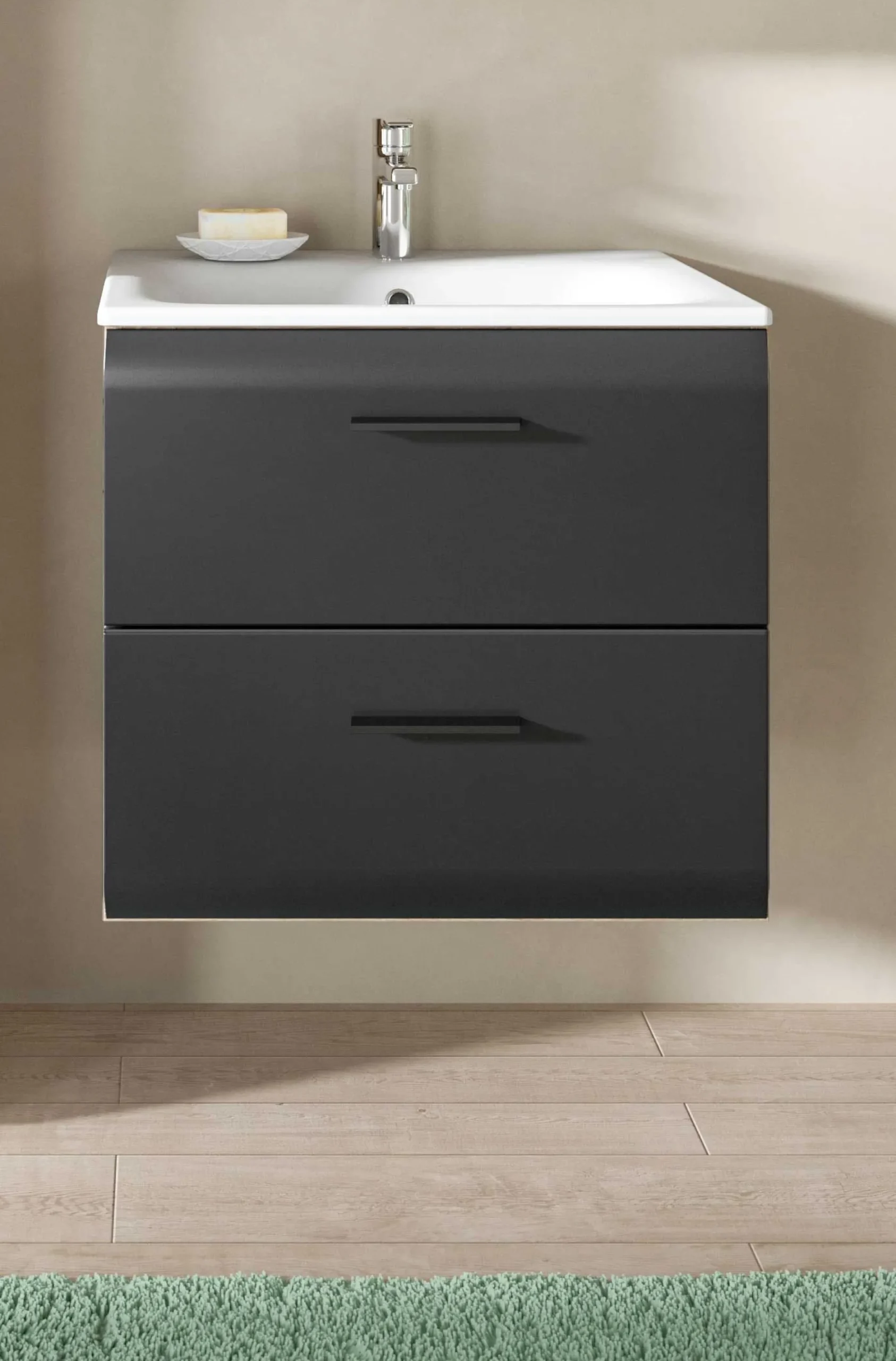 Badezimmerschrank Ice Xonox - mit Keramikwaschbecken - 60x55x46 cm - Mattschwarz & Nox Oak
