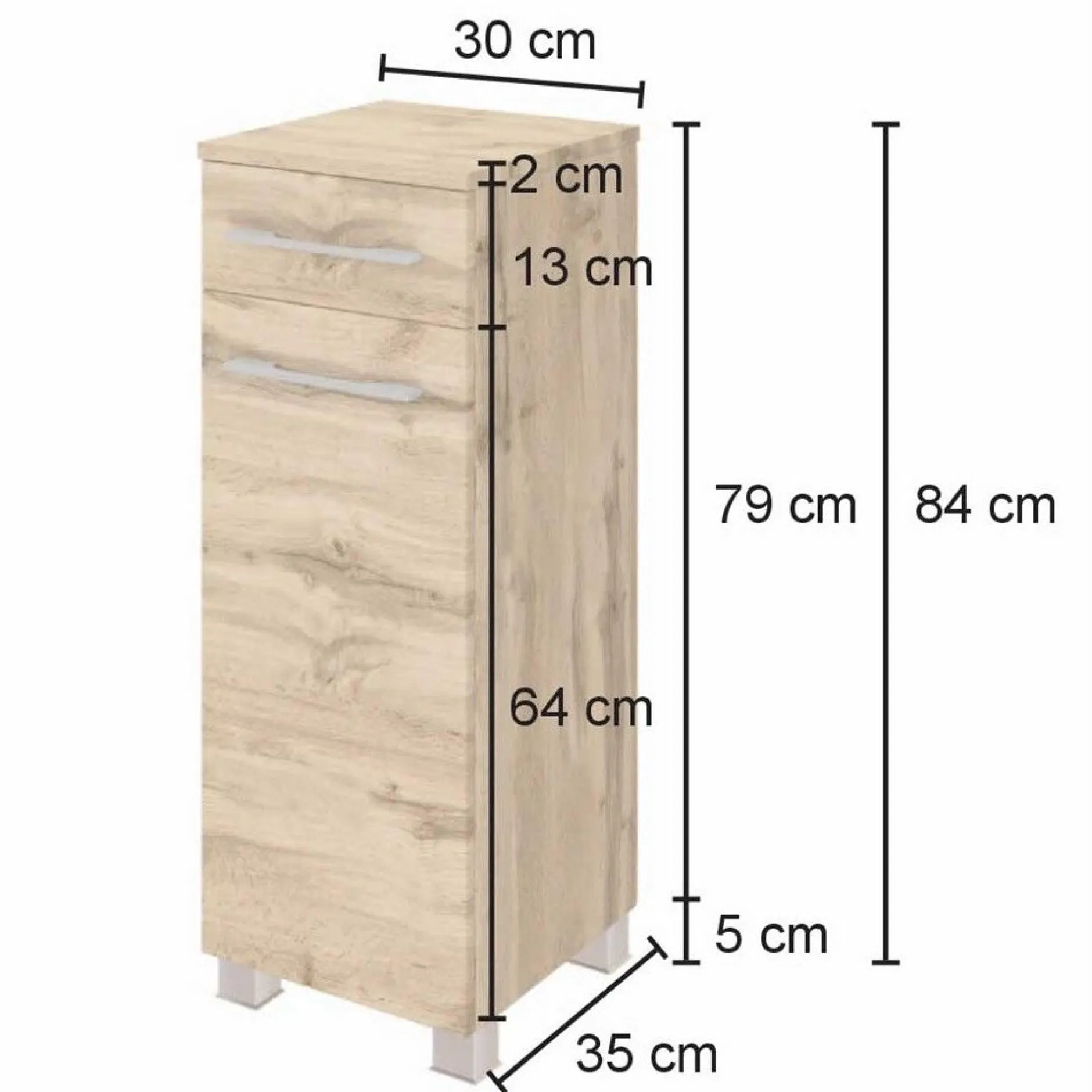 Badezimmerschrank Sefa 30cm 1 Tür und 1 Schublade - wotan Eiche
