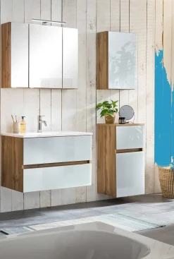 Badezimmerset Helsinki | Waschtischschrank, Spiegelschrank, Hängeschrank, Seitenschrank | Wotan Eiche/weißes Design