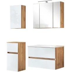 Badezimmerset Helsinki | Waschtischschrank, Spiegelschrank, Hängeschrank, Seitenschrank | Wotan Eiche/weißes Design