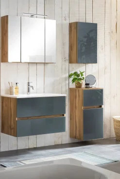 Badezimmerset Helsinki | Waschtischschrank, Spiegelschrank, Hängeschrank, Seitenschrank | Wotan Eiche/grau-design