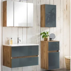 Badezimmerset Helsinki | Waschtischschrank, Spiegelschrank, Hängeschrank, Seitenschrank | Wotan Eiche/grau-design
