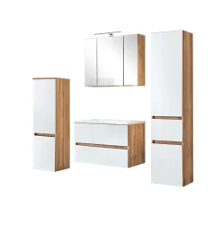Badezimmerset Helsinki | Waschtischschrank, Spiegelschrank, Hängeschrank, Säulenschrank | Wotan Eiche/weißes-design