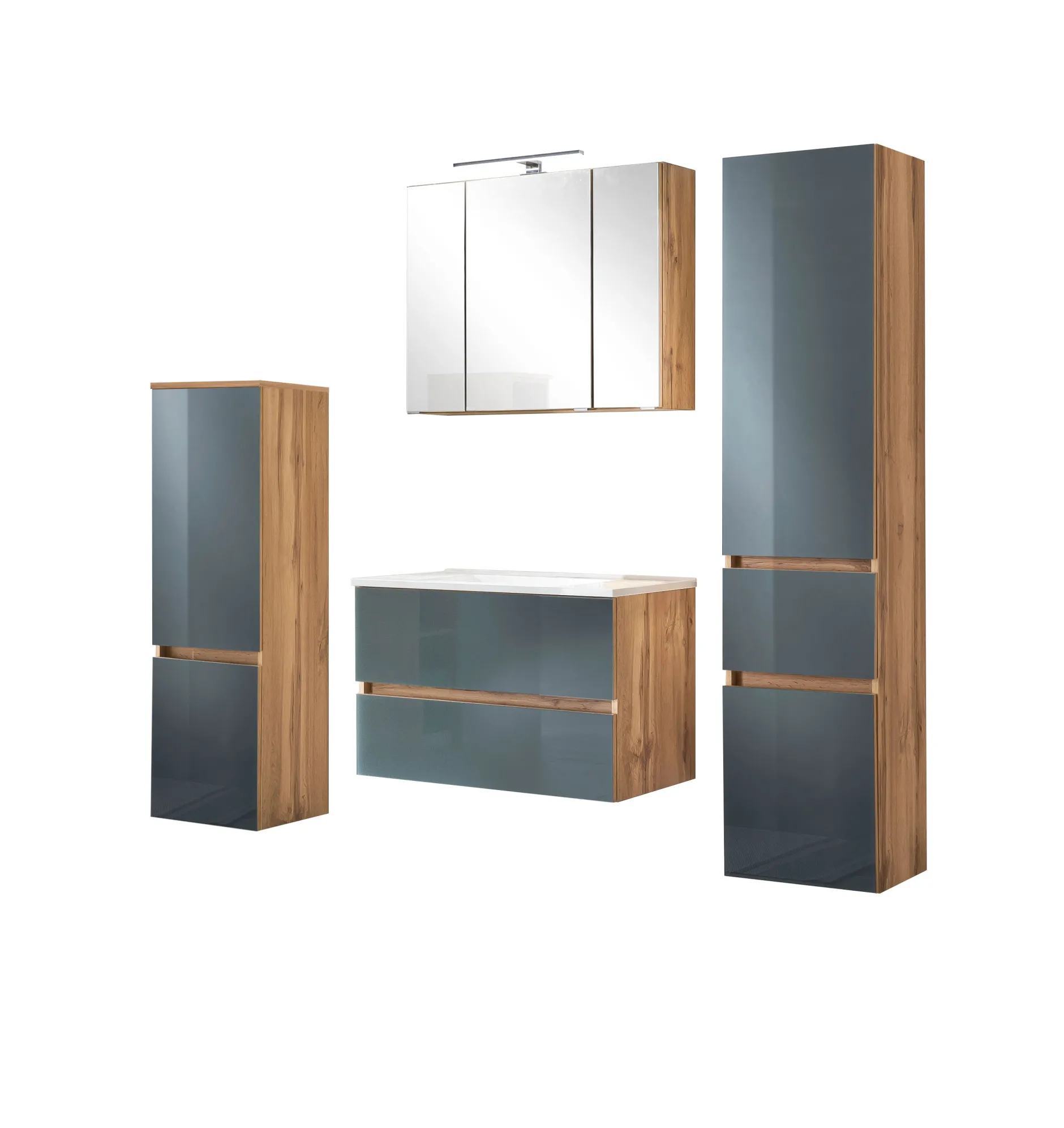 Badezimmerset Helsinki | Waschtischschrank, Spiegelschrank, Hängeschrank, Säulenschrank | Wotan Eiche/grau-design