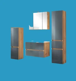 Badezimmerset Helsinki | Waschtischschrank, Spiegelschrank, Hängeschrank, Säulenschrank | Wotan Eiche/grau-design